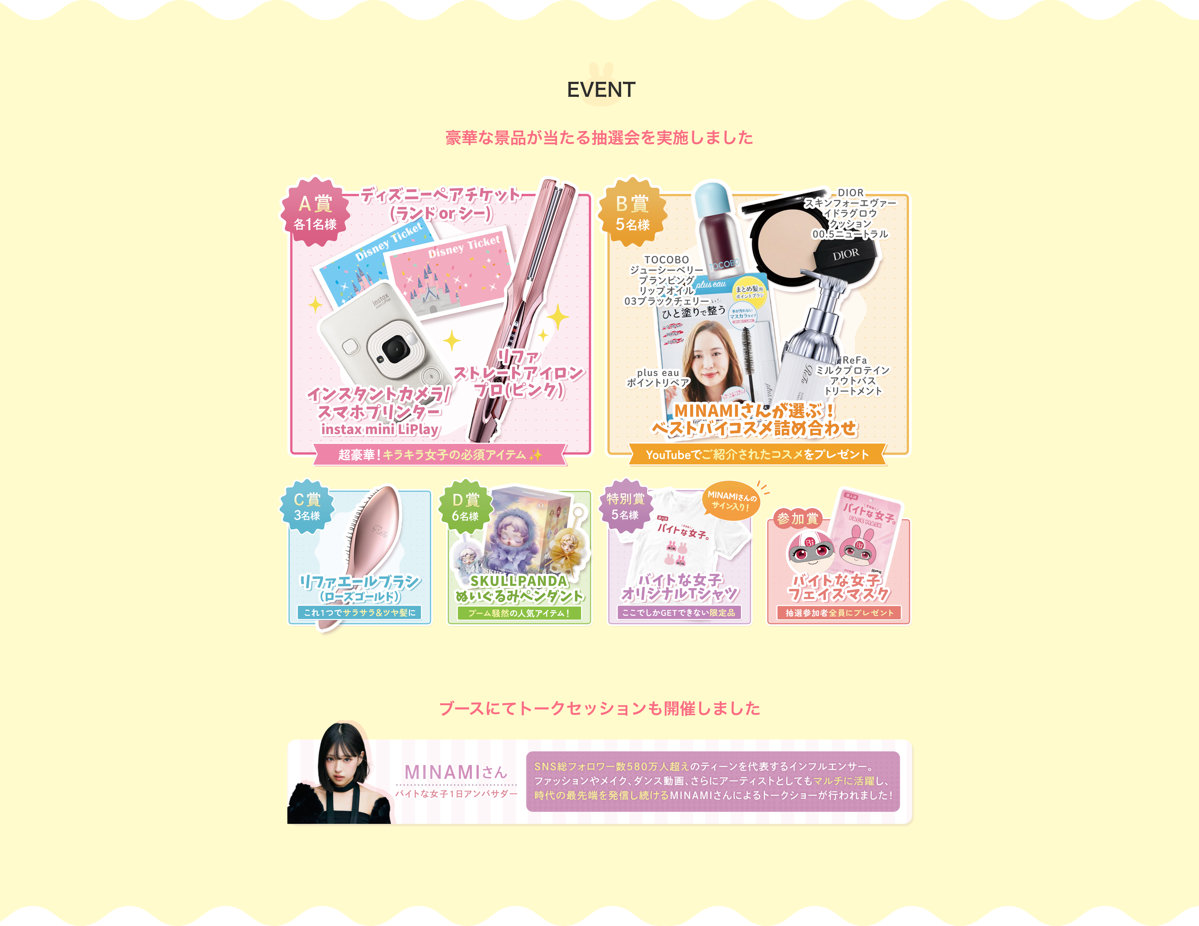 関西コレクション会場の抽選会景品A～D賞（ヘアアイロン・スキンケア・コスメ等）特別賞、MINAMIさんのプロフィール情報